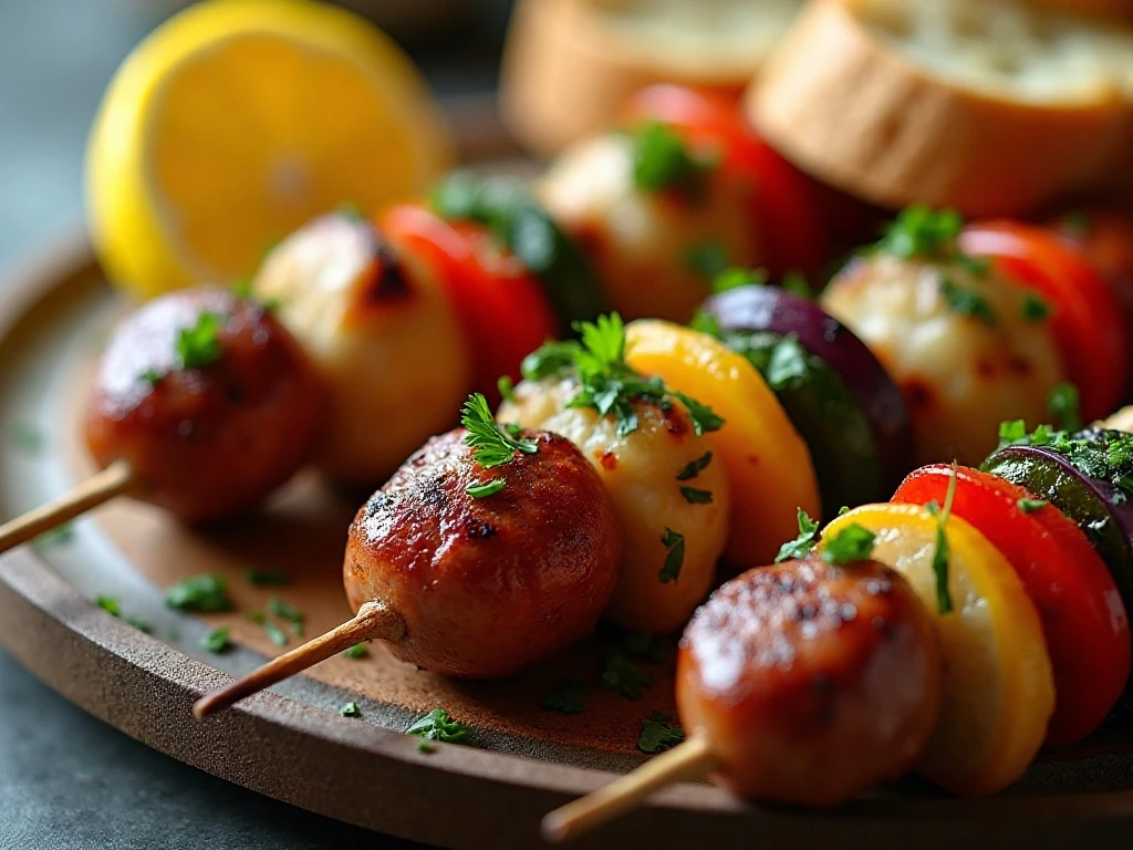 Roasted sausage kabobs finished with parsley and lemon