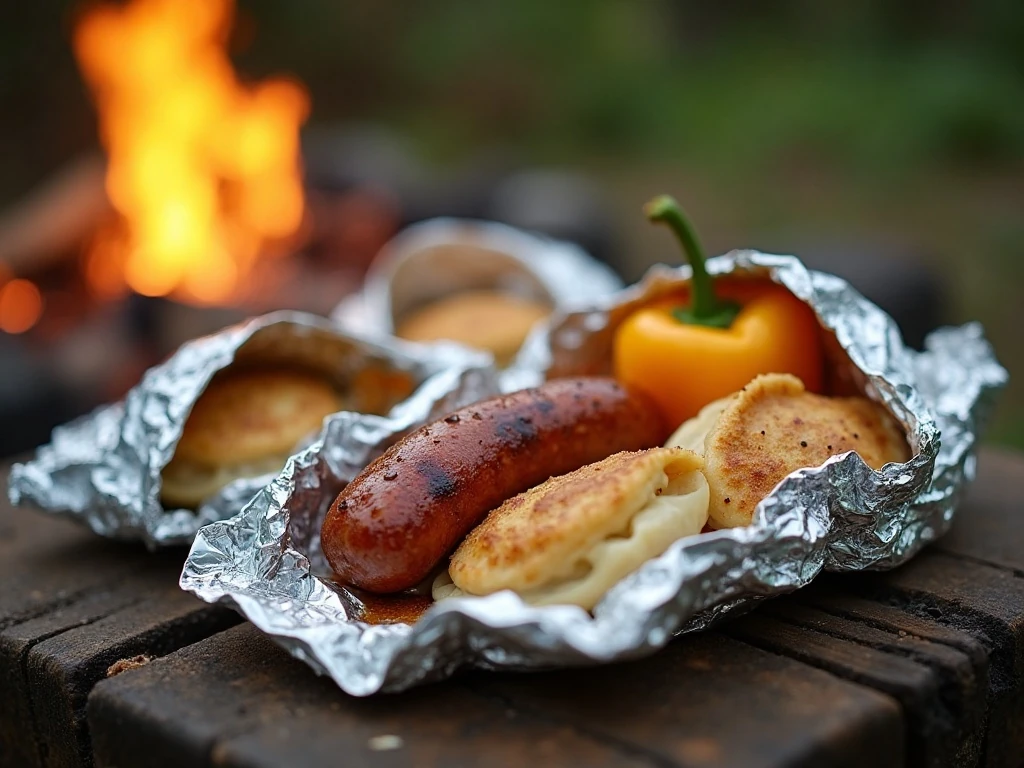 Sausage and pierogi foil packets ready for a campfire dinner