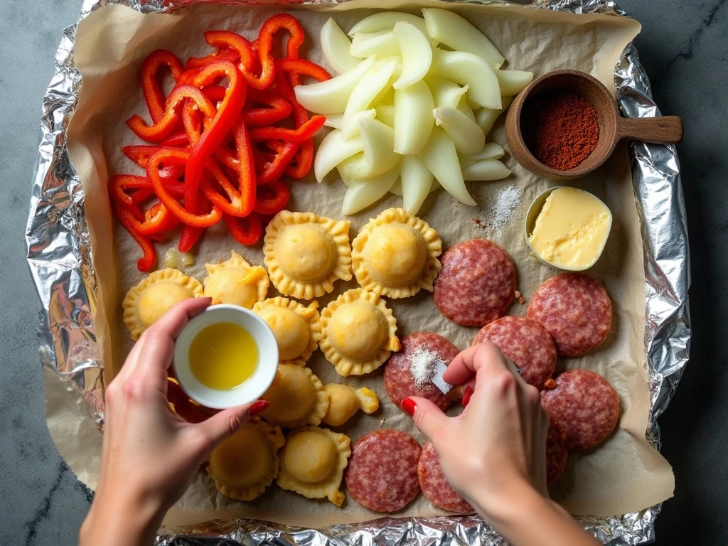 Ingredients for sausage and pierogi campfire foil packets