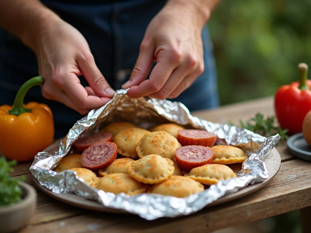 Sealing a sausage and pierogi foil packet for grilling