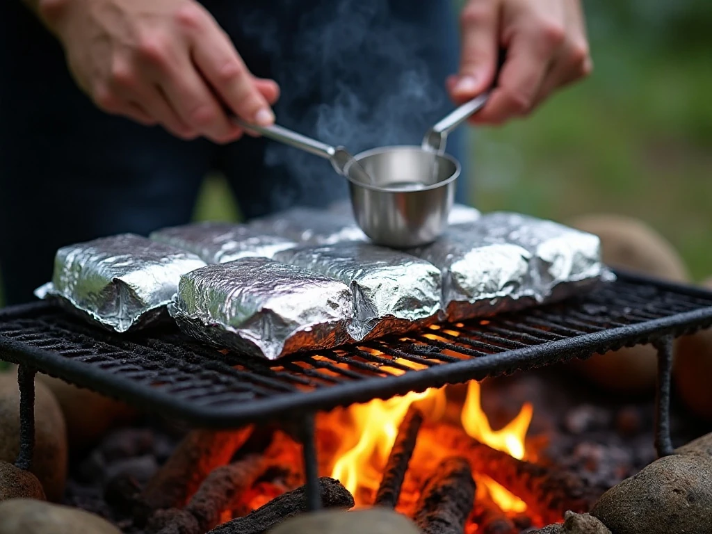 Foil packets cooking over hot campfire coals