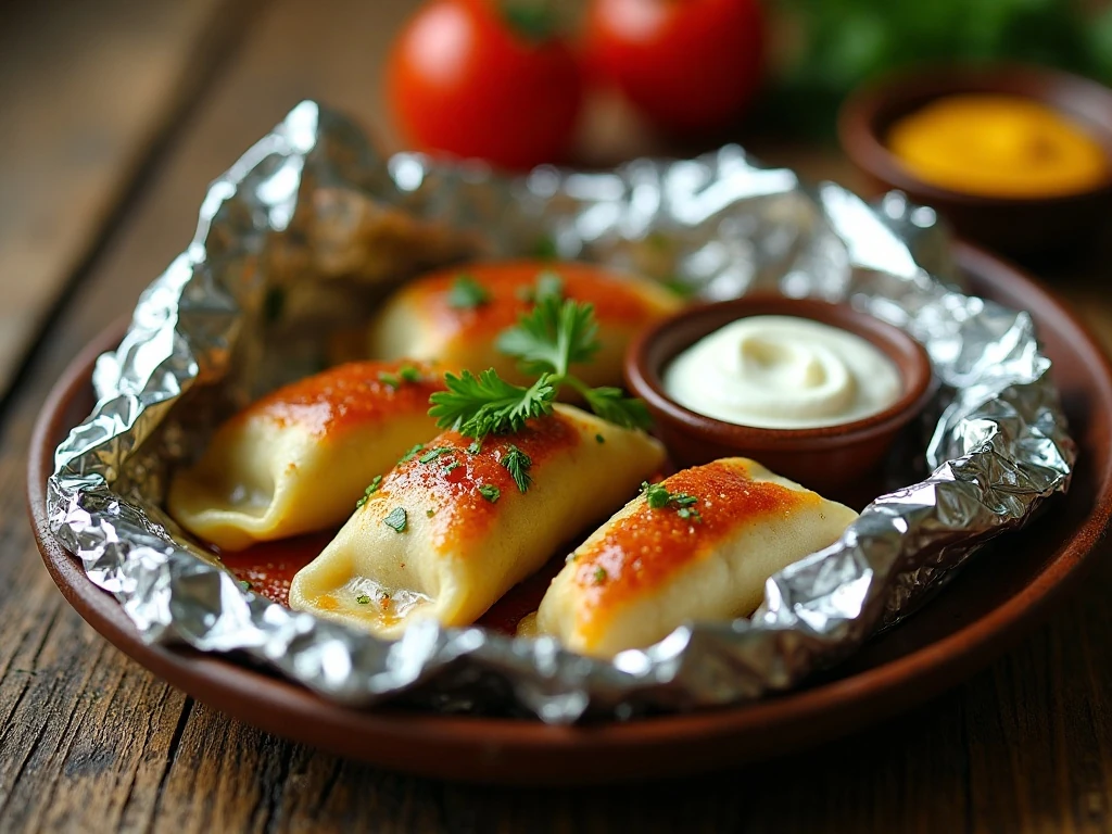 Pierogi foil packet served with parsley, sour cream, and mustard