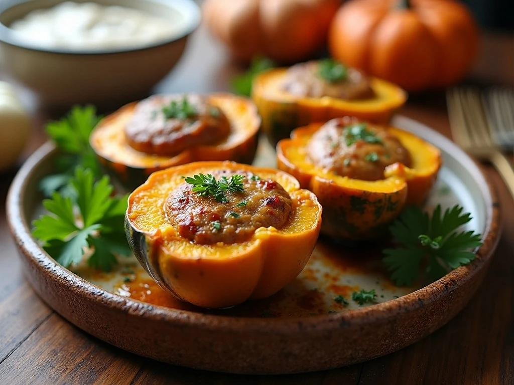 Sausage-stuffed acorn squash served as a cozy autumn dinner