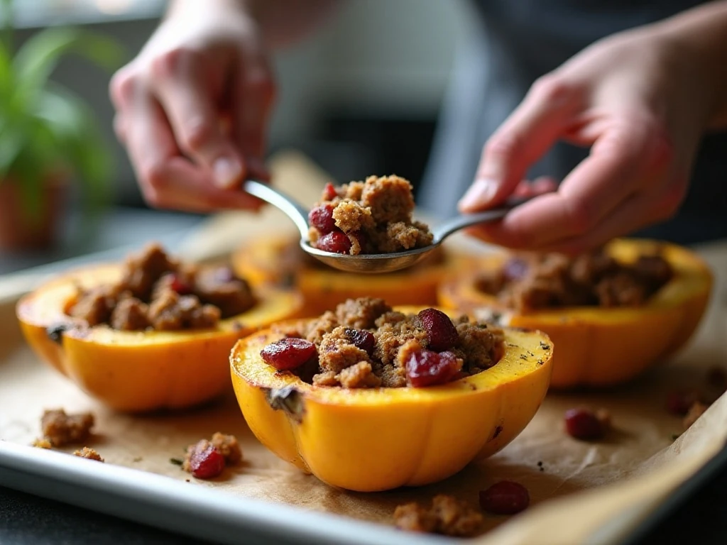 Filling roasted acorn squash with sausage stuffing