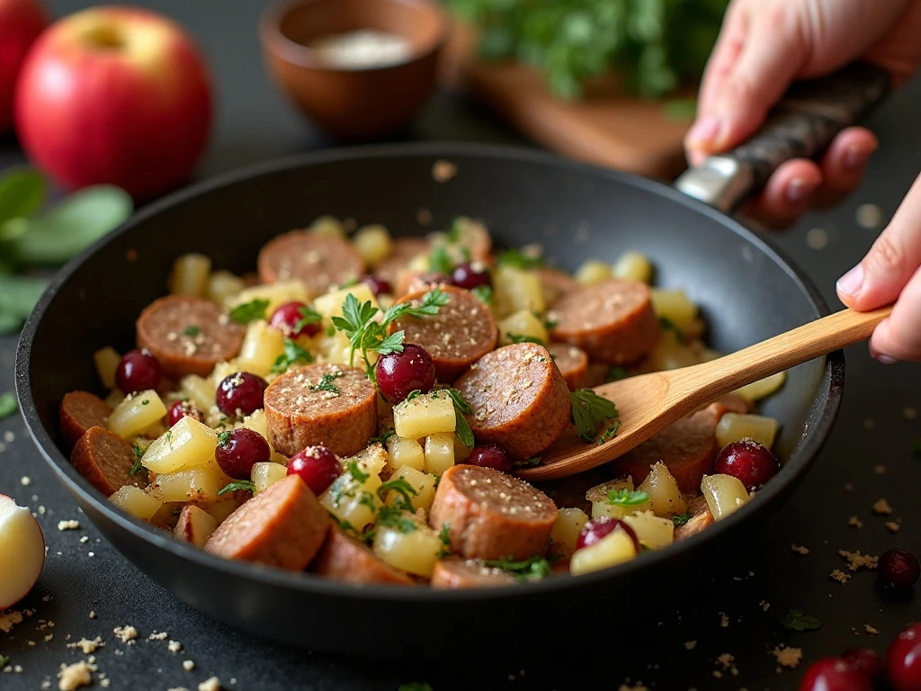 Savory sausage filling cooking in a skillet