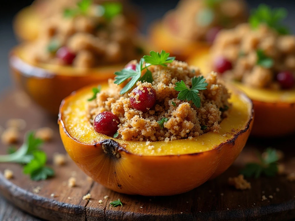 Close-up of golden sausage-stuffed acorn squash with parsley