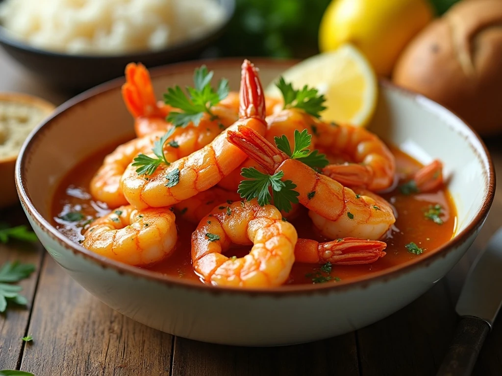 Ten-minute garlic-butter sautéed shrimp served with rice and crusty bread