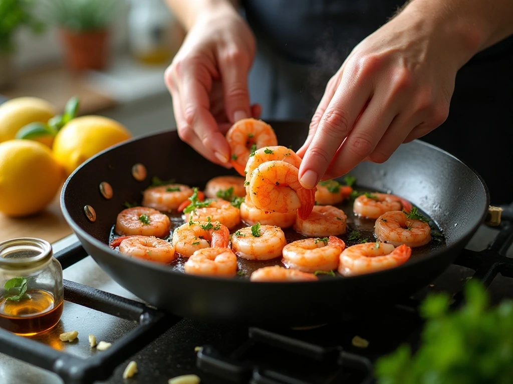 Shrimp sautéing with garlic and butter in a skillet