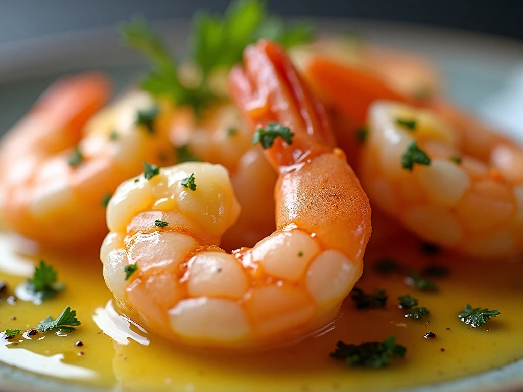 Close-up of shrimp coated in garlic-butter sauce and parsley