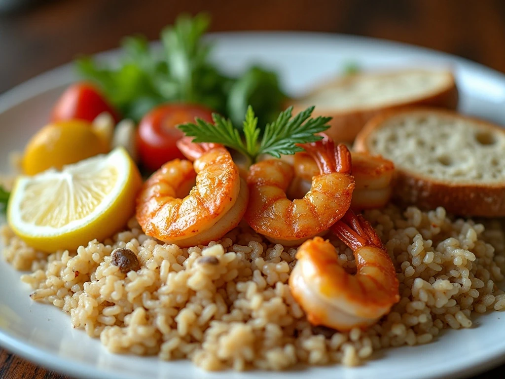 Garlic-butter shrimp dinner with rice, vegetables, salad, and bread