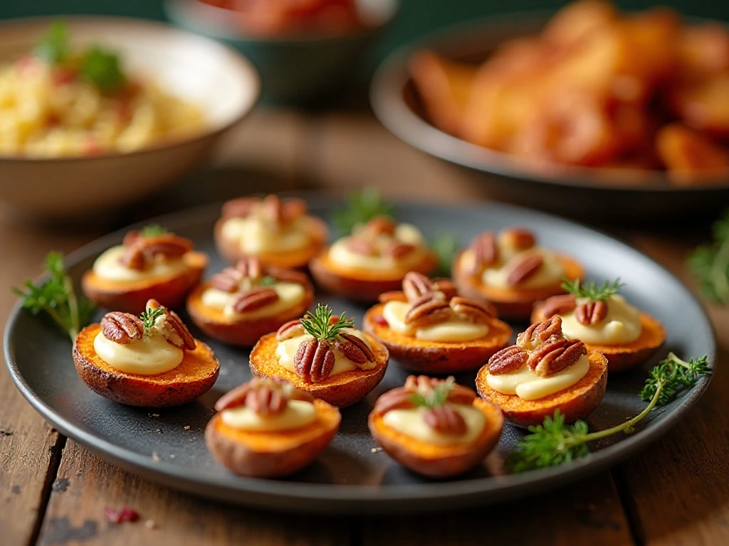 Platter of savory sweet potato bites with cheese, pecans, thyme, and bacon