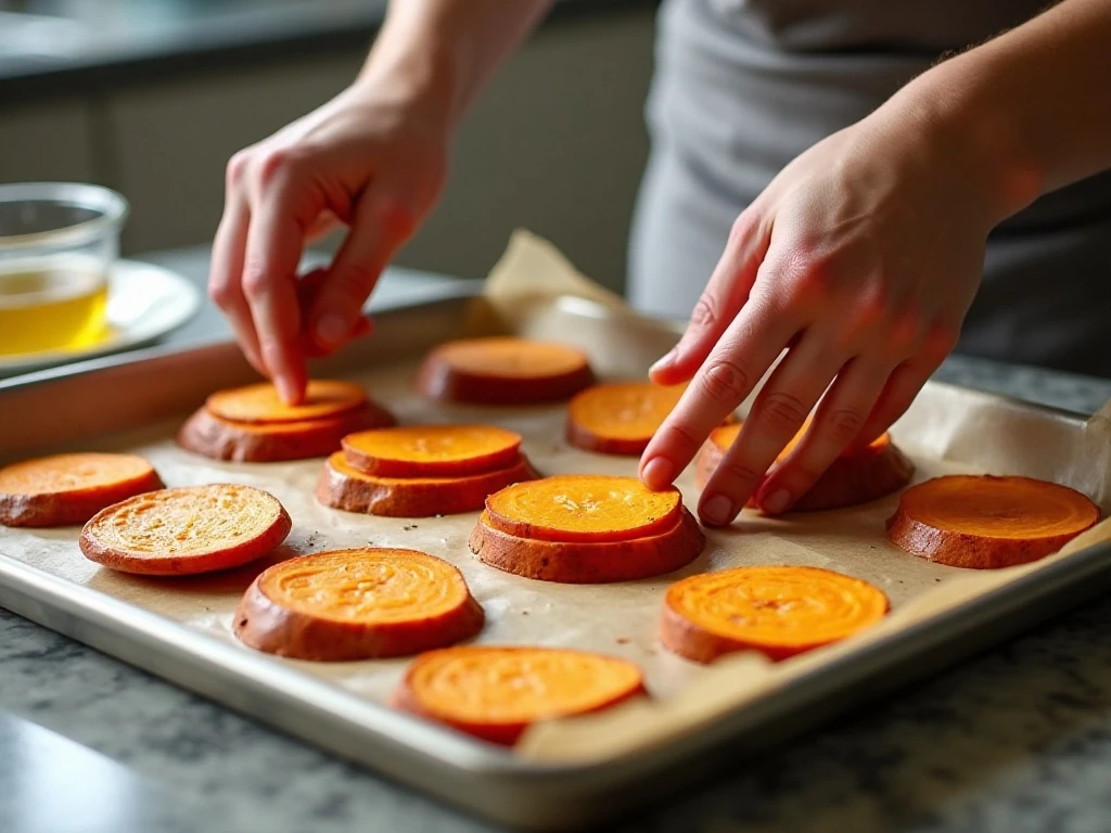 Evenly sliced sweet potatoes arranged on a baking sheet for roasting