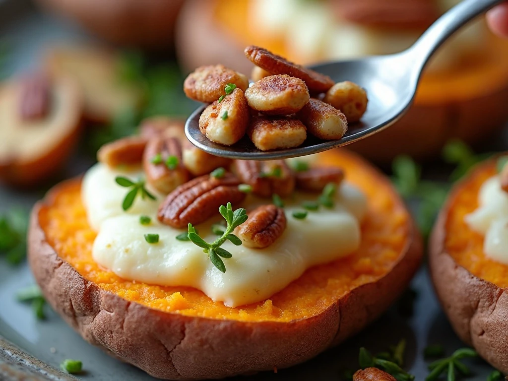 Toasted pecans and thyme garnishing sweet potato appetizer bites