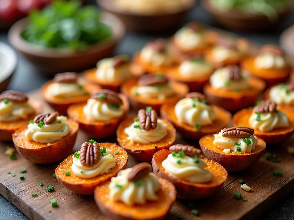 Finished platter of about 24 savory sweet potato appetizer bites