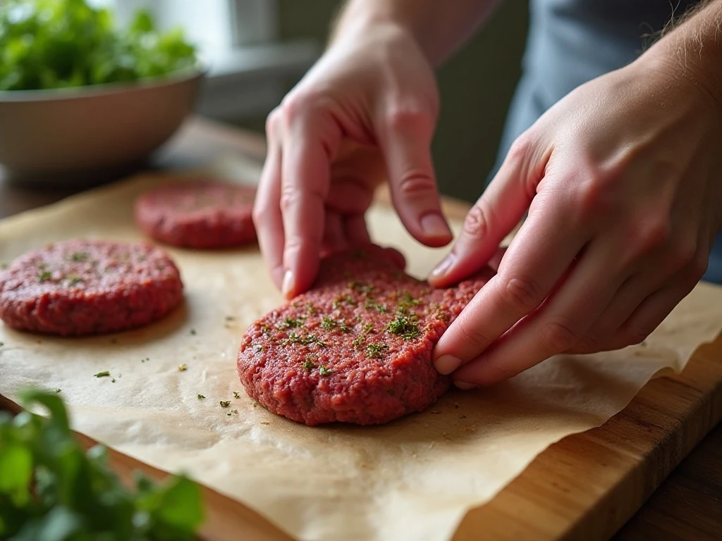 Shaping seasoned beef patties for Sazón Burgers