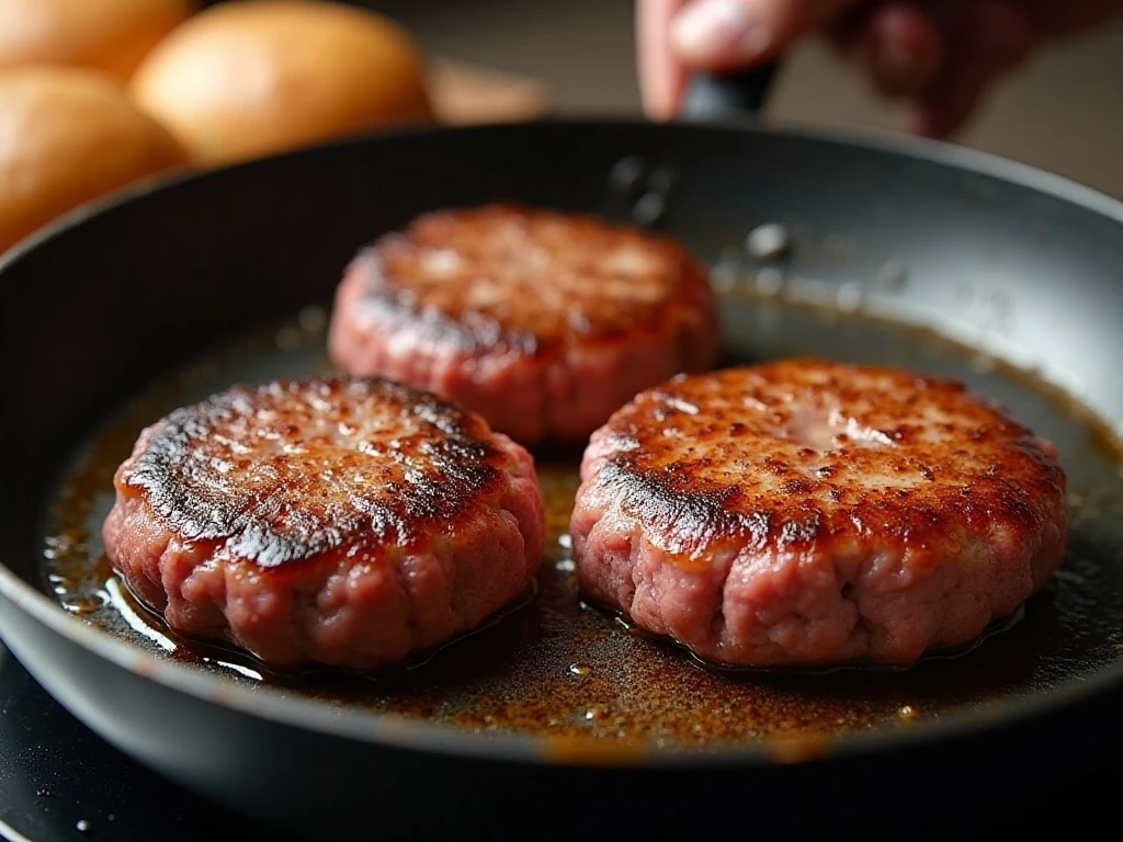 Sazón burger patties cooking in a skillet