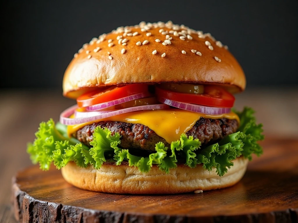 Close-up of a Sazón Burger with fresh toppings and pickled peppers