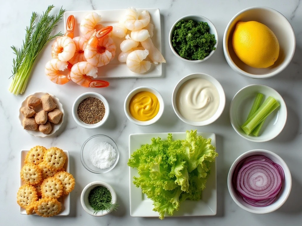 Ingredients for easy scallop and shrimp seafood salad arranged on a kitchen surface