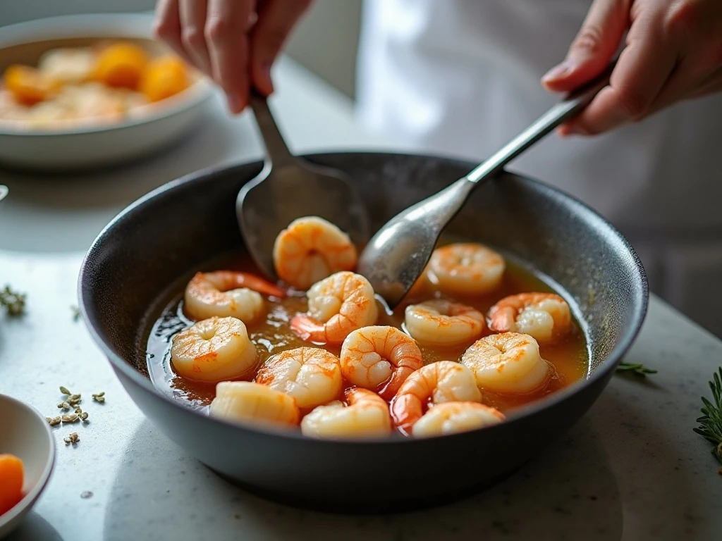 Shrimp and bay scallops gently simmering before being cooled for seafood salad