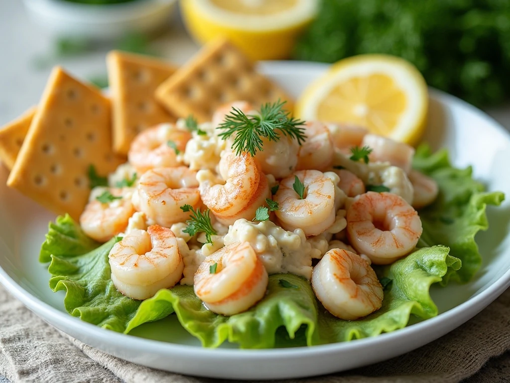 Chilled scallop and shrimp seafood salad served on lettuce with crackers