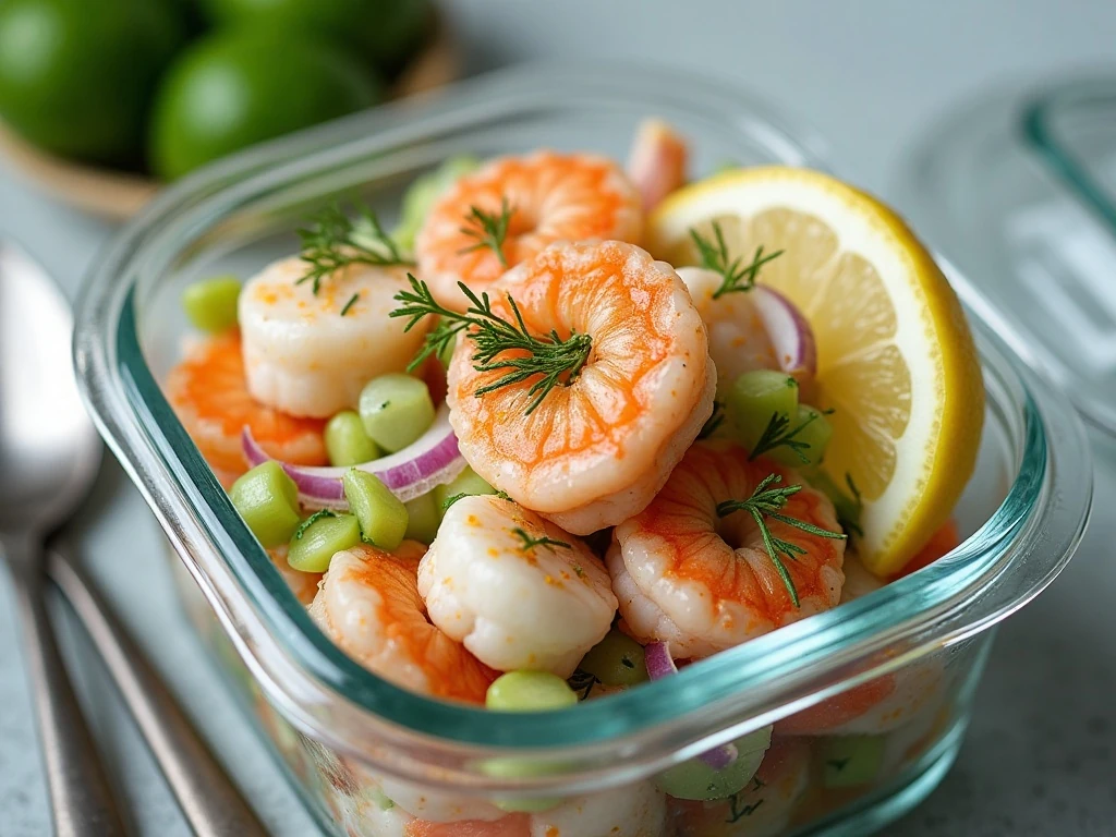 Chilled seafood salad stored in a covered container with fresh herbs