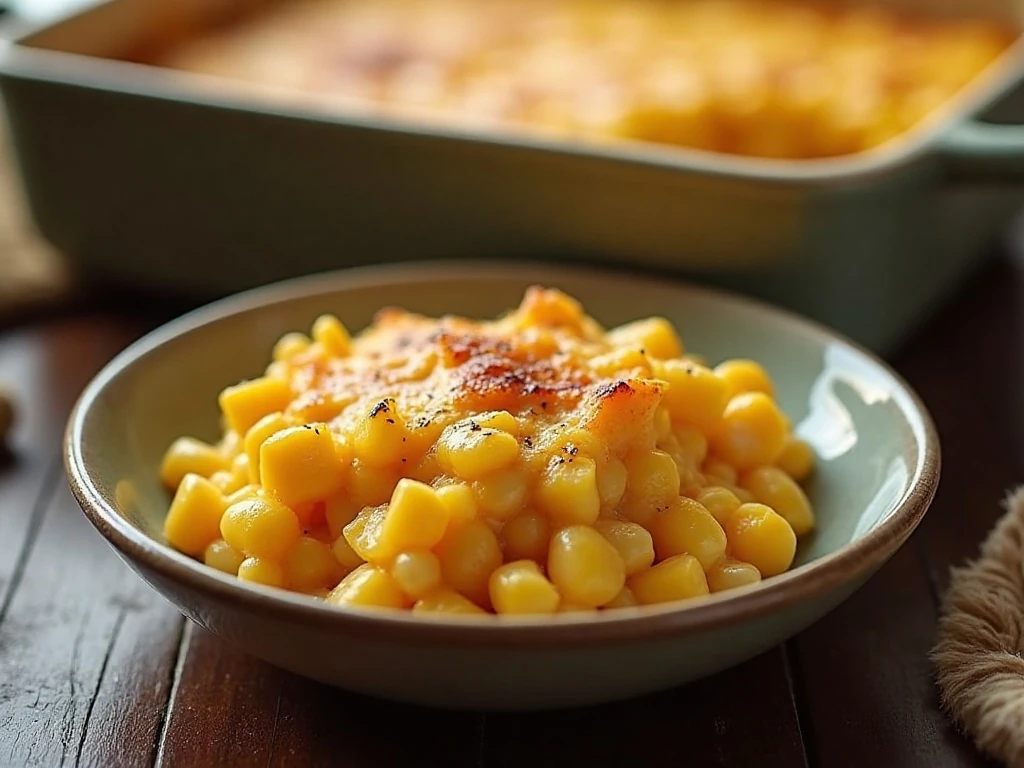 Serving of creamy old-timey scalloped corn on a rustic dinner table