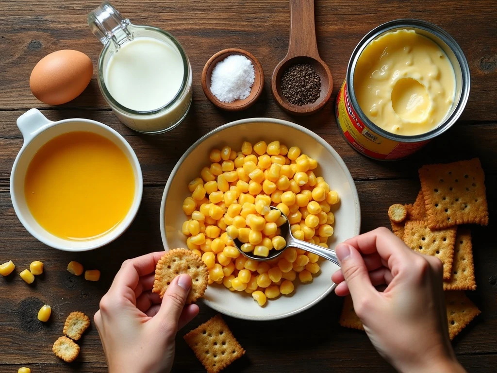 Ingredients for old-timey scalloped corn arranged for cooking