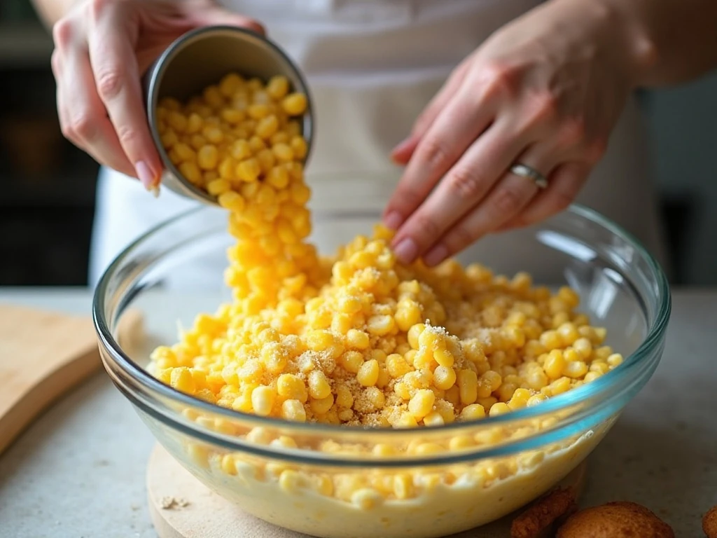 Corn casserole mixture being stirred in a large bowl