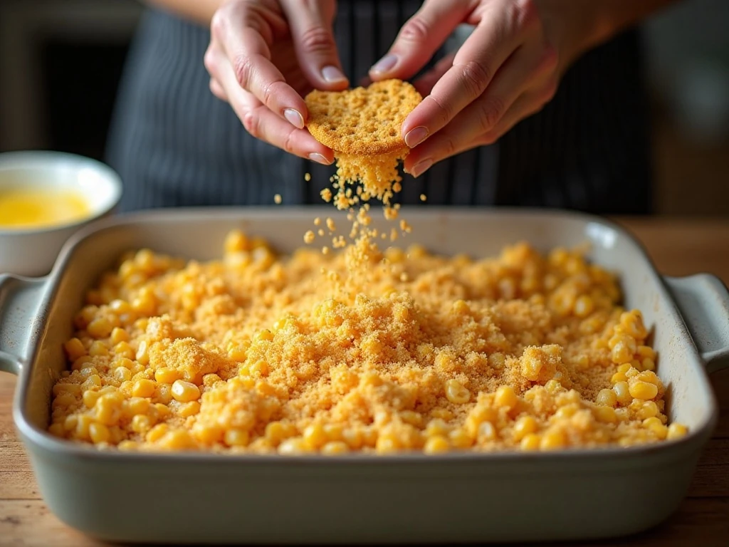 Saltine cracker crumbs prepared for the scalloped corn topping