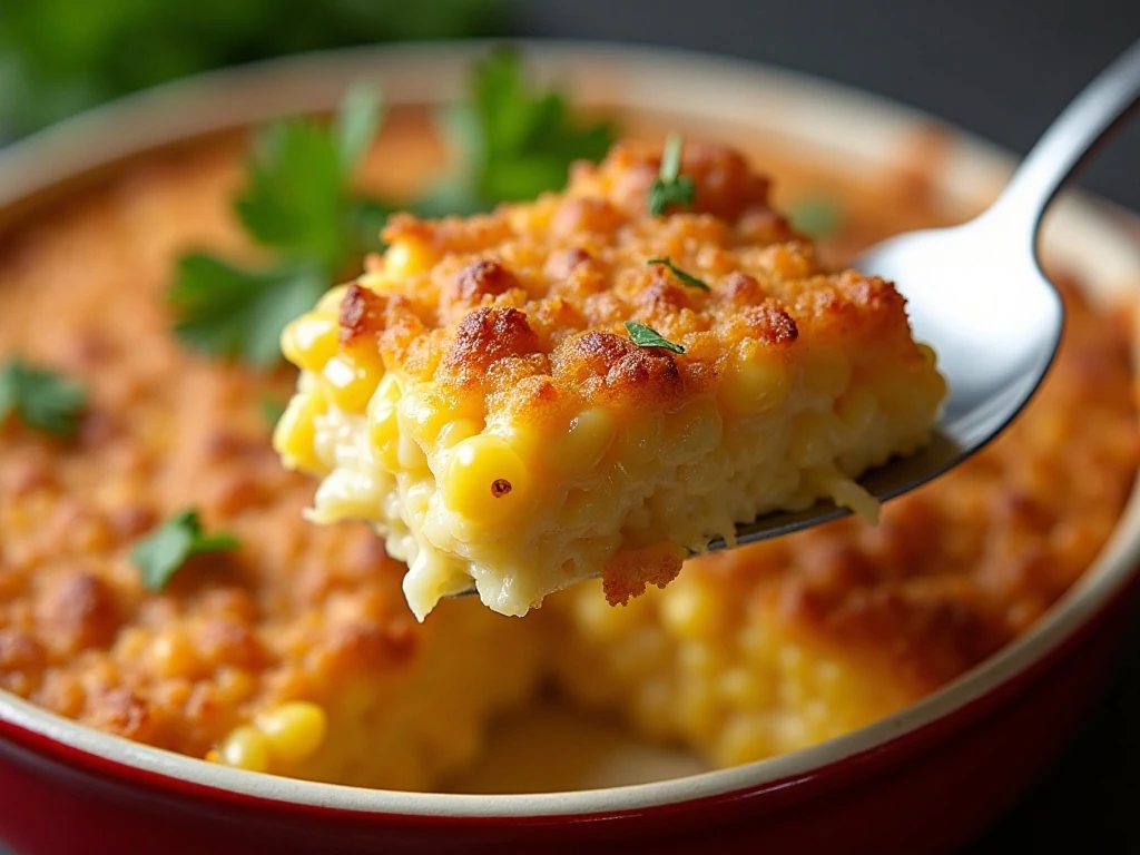 Close-up of the browned topping and creamy center of scalloped corn