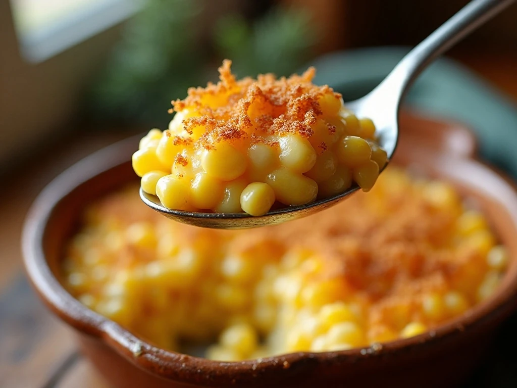 Creamy scalloped corn casserole served warm