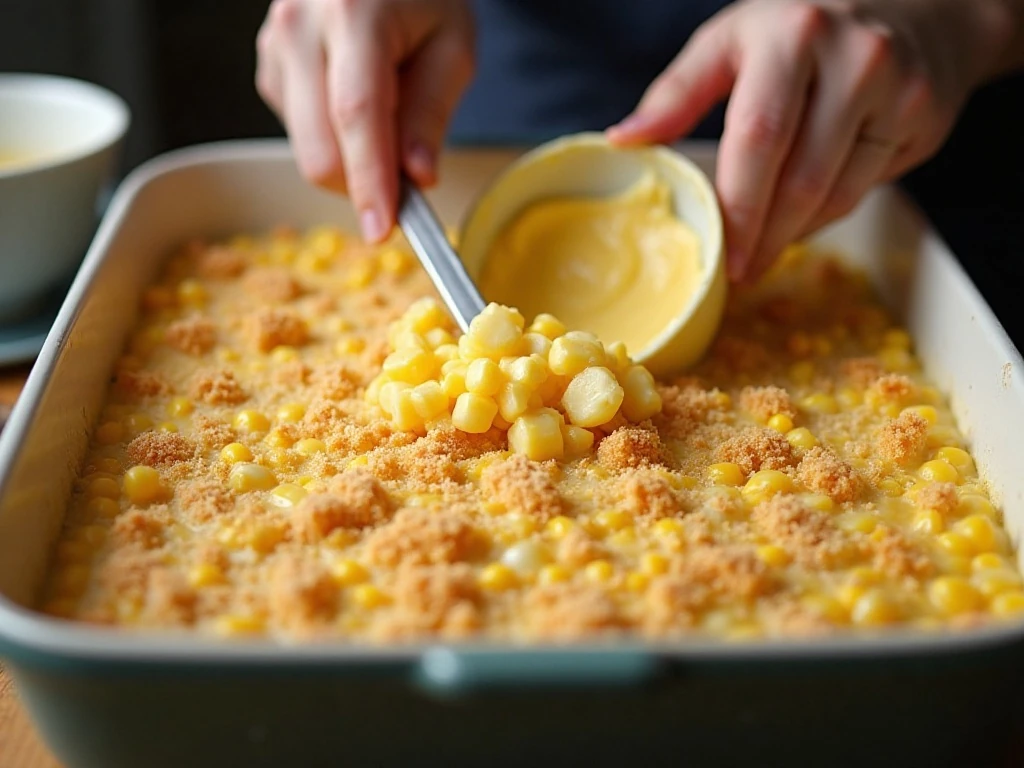 Scalloped corn mixture spread in a casserole dish