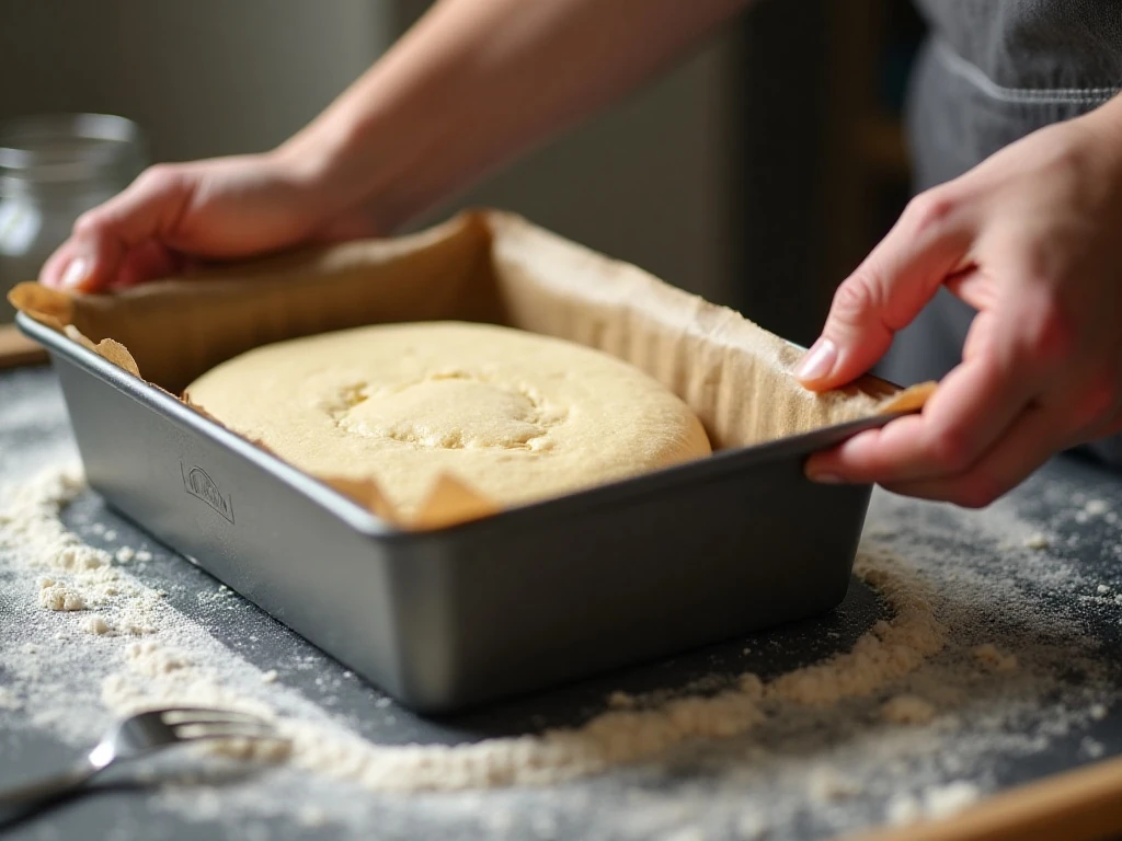 Shortbread dough pressed into a lined baking tin