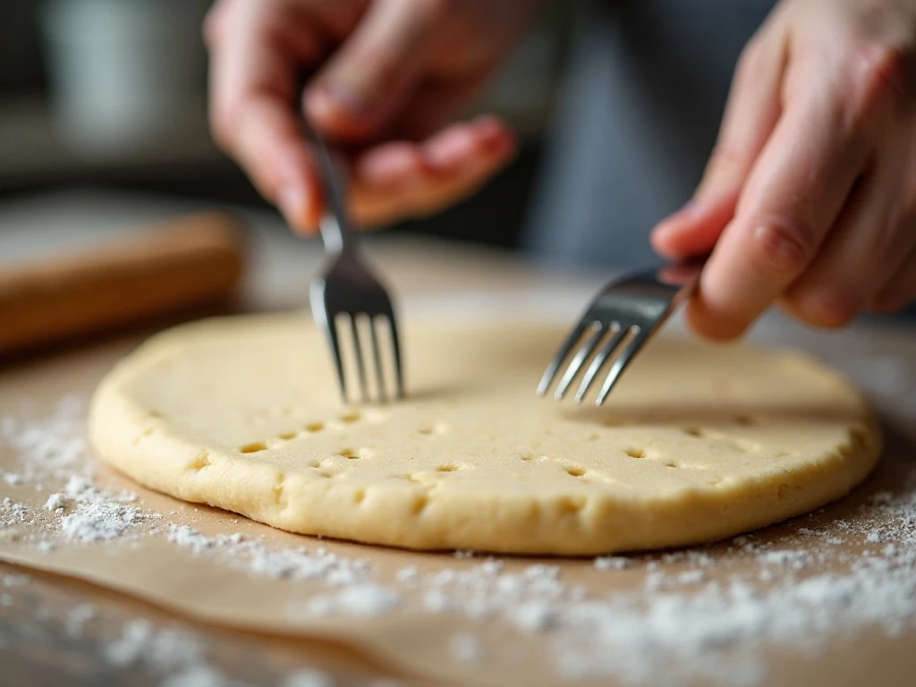 Shortbread dough pricked with a fork before baking