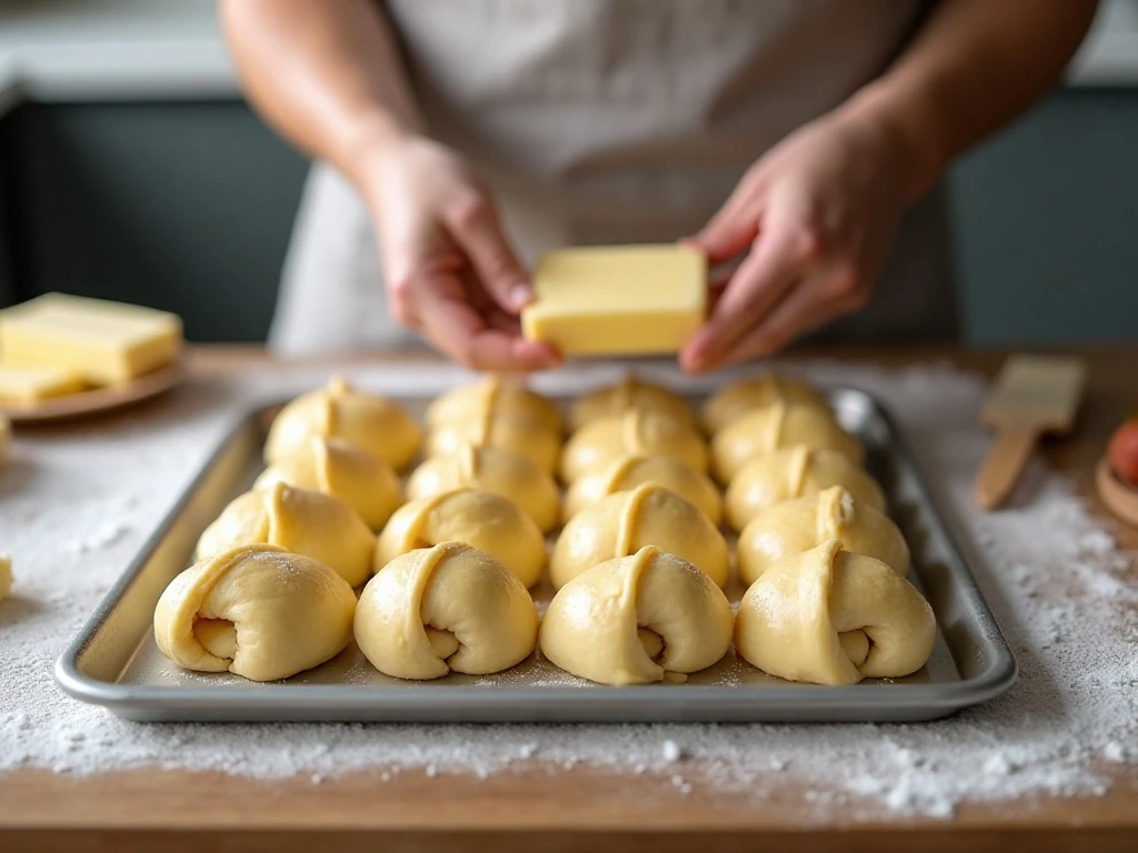 Shaped salted butter rolls ready for their second rise
