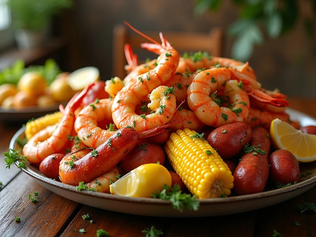 A generous seafood boil with shrimp, crab, sausage, potatoes, and corn