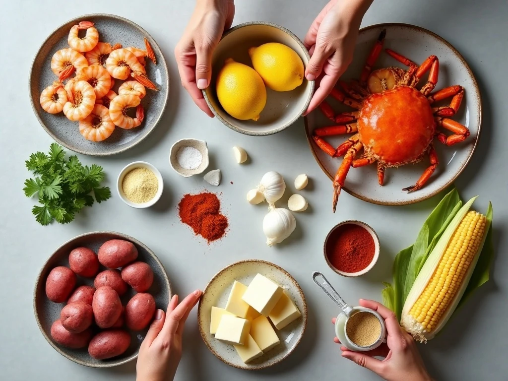 Ingredients for shrimp and crab seafood boil with garlic butter