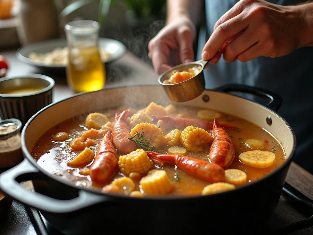 Seafood boil ingredients cooking in a seasoned stockpot