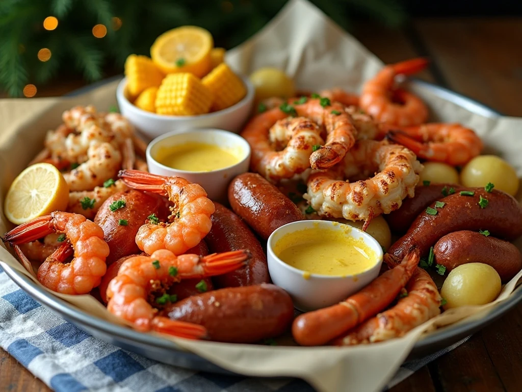 Family-style seafood boil served with garlic butter and lemon