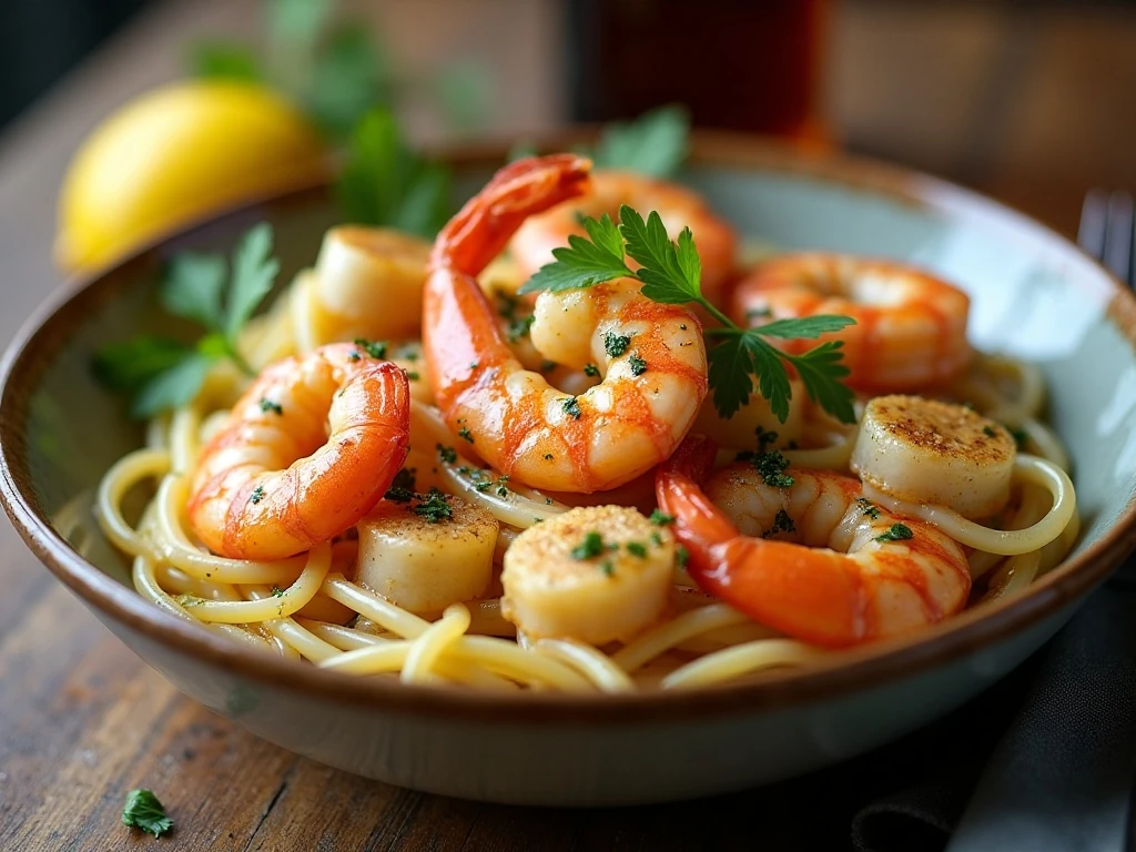 Shrimp and scallop seafood scampi served over linguine