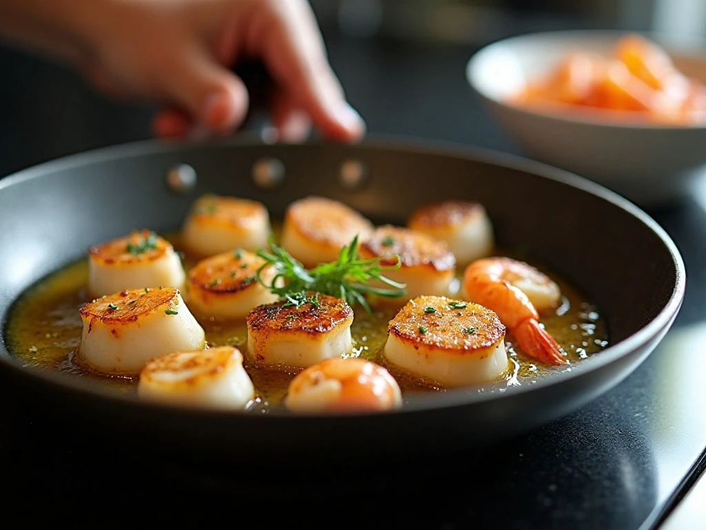 Shrimp and scallops searing in a skillet for scampi