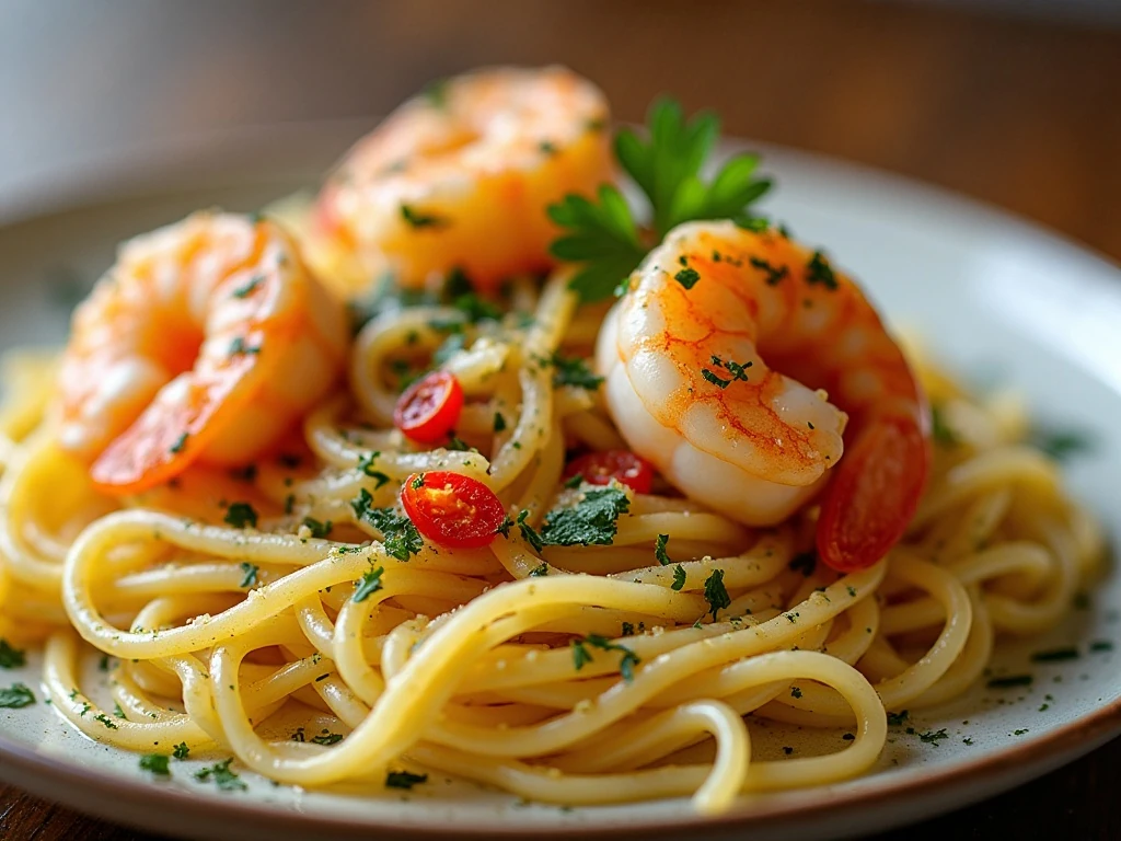 Lemon parsley garnish on seafood scampi