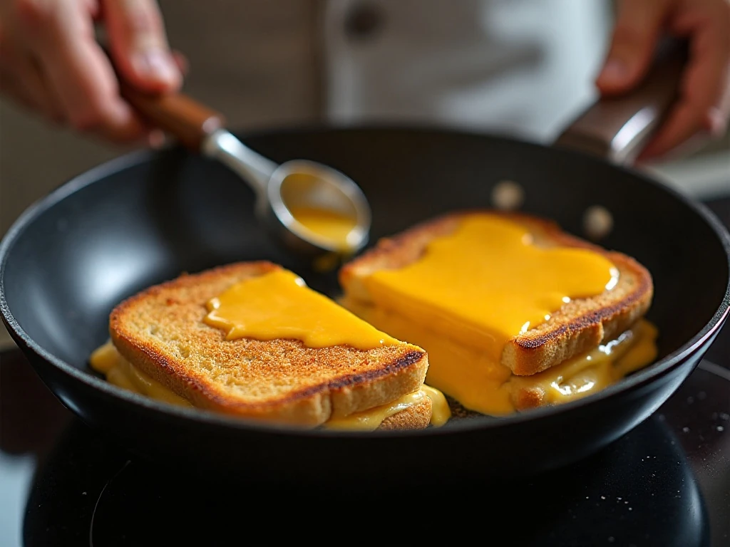 Grilled cheese sandwiches browning in a skillet