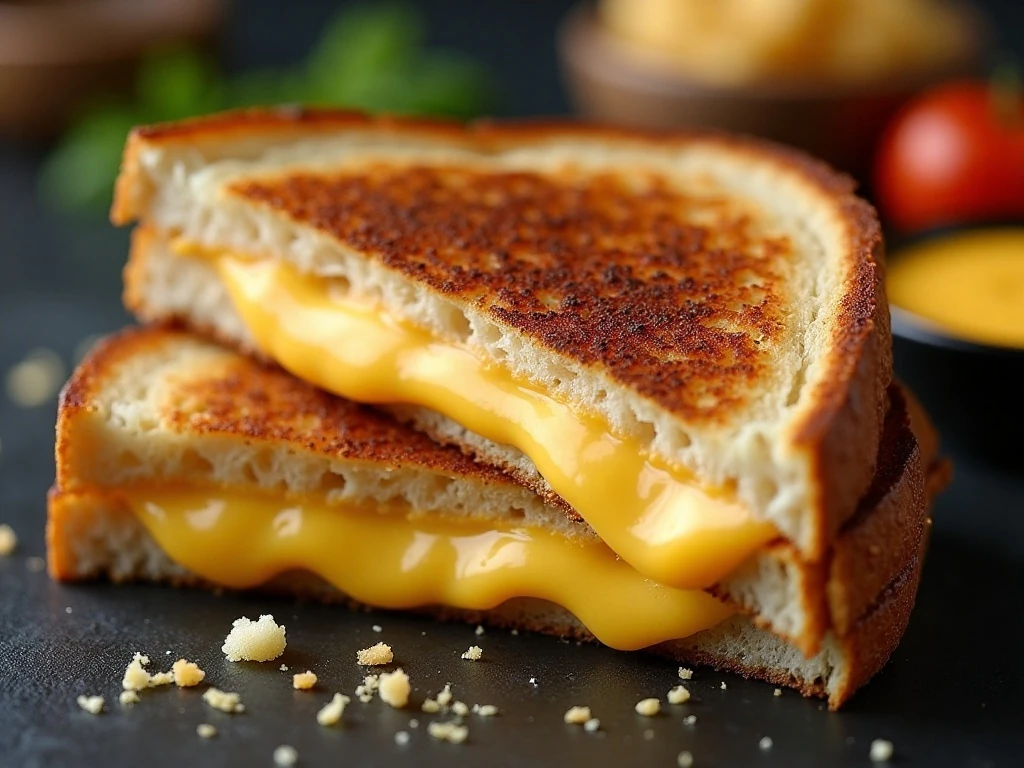 Close-up of crisp grilled cheese crust and melted cheddar
