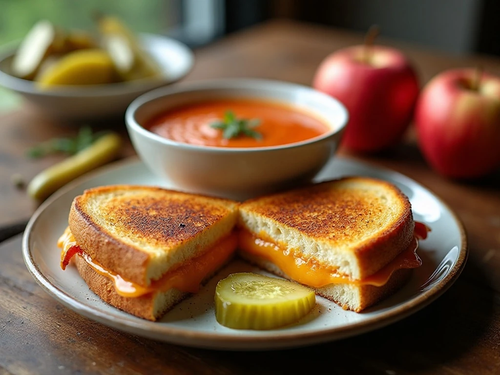 Grilled cheese served with tomato soup, pickles, and apple slices