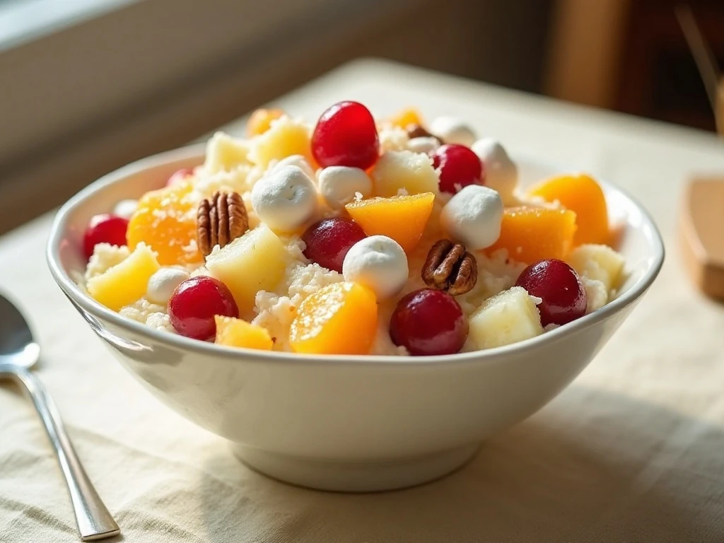 Colorful creamy overnight fruit salad in a serving bowl