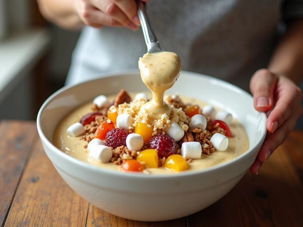 Gently folding fruit into the creamy vanilla dressing