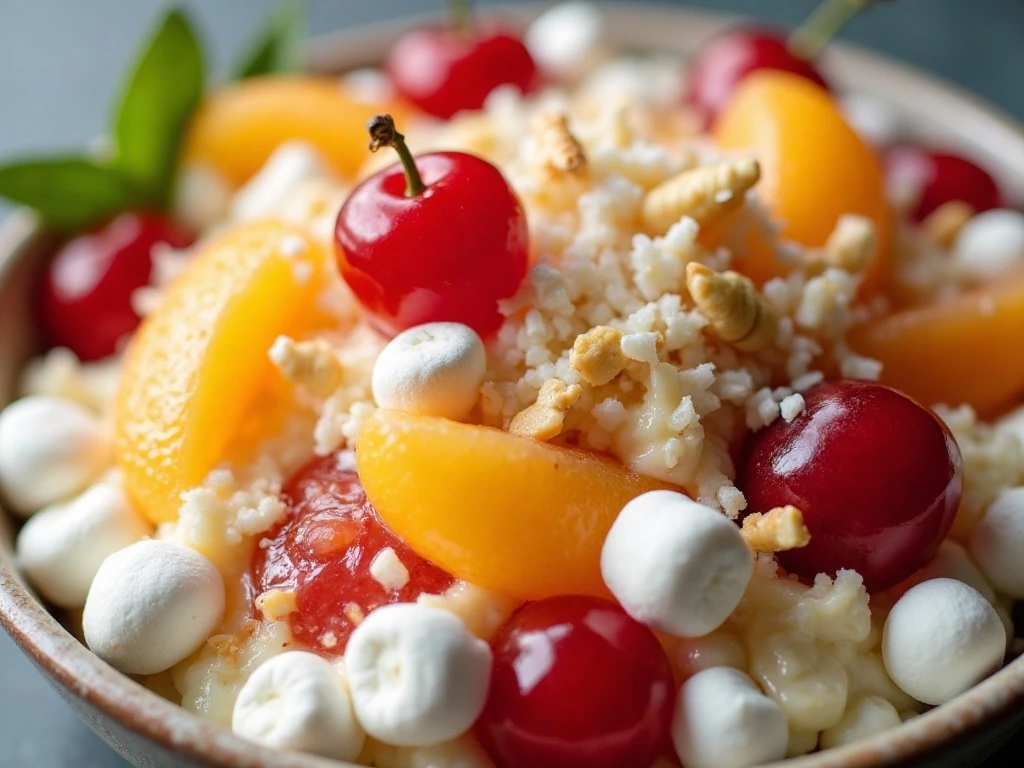 Close-up showing the creamy texture and fruit of the salad