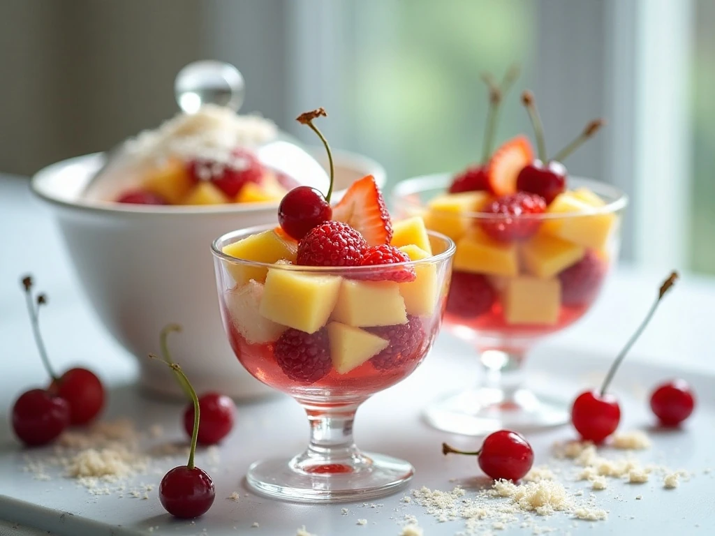 Overnight fruit salad served in individual dessert cups