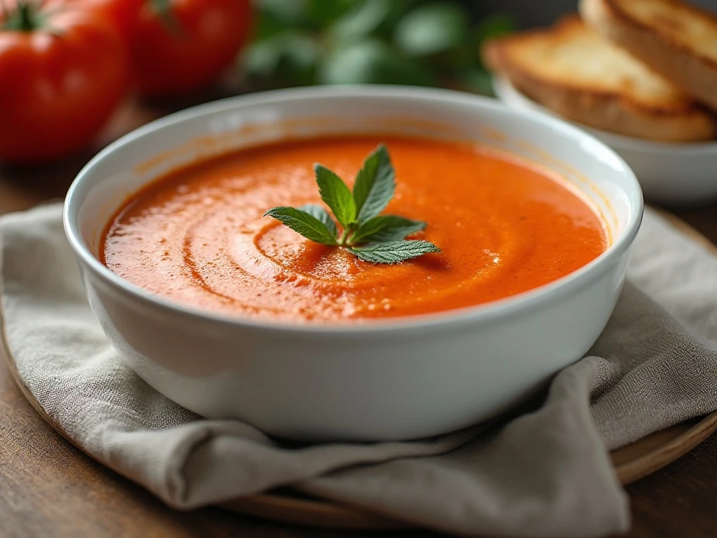 Creamy secret ingredient tomato soup served with toasted bread